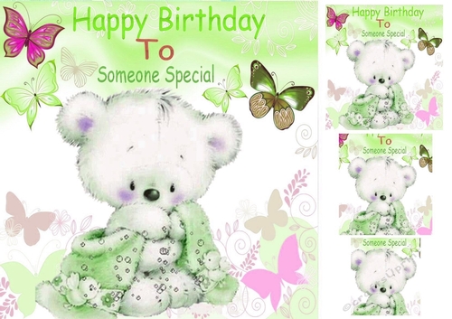 Cute little teddy with a green blanket and butterflies 8x8