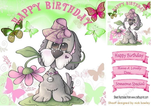 Cute little dog with flower and butterflies 8x8