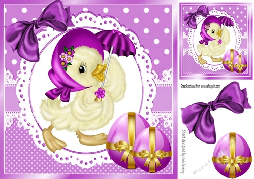 Easter Little chick with purple bow and eggs 8x8 