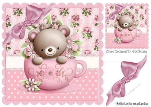 Floral teacup with teddy bear and pink bow  8x8