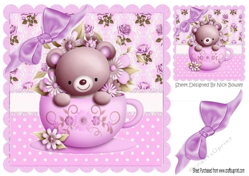 Floral teacup with teddy bear and purple bow  8x8