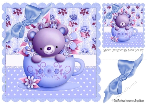 Floral teacup with teddy bear and blue bow  8x8