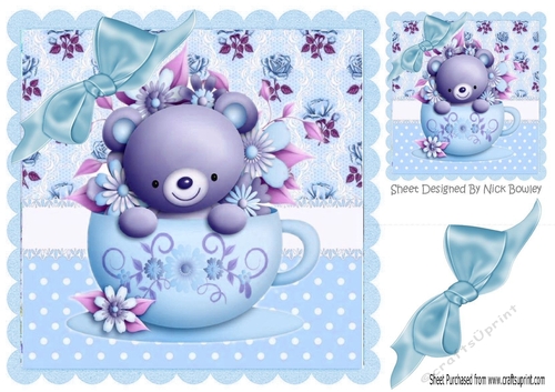 Floral teacup with teddy bear and turq bow  8x8