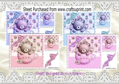  4 cute teacup teddy bears and bows  8x8 card fronts mini kit