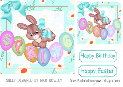 Cute spring bunny with daisies and turq bow 8x8