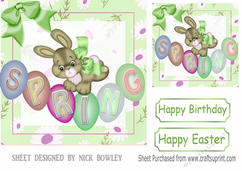 Cute spring bunny with daisies and green bow 8x8