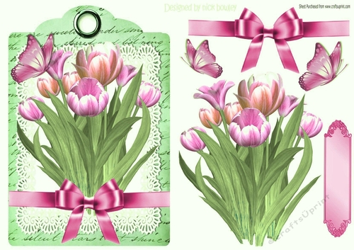 pink tulips with bow and butterflies on a topper/tag