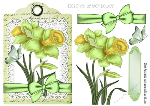 daffodils with bow and green butterflies on a topper/tag