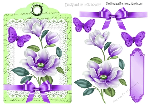 purple magnolia with bow and butterflies on a topper/tag