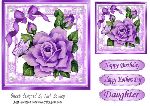 Large purple rose with pearls, bow and butterflies 7x7