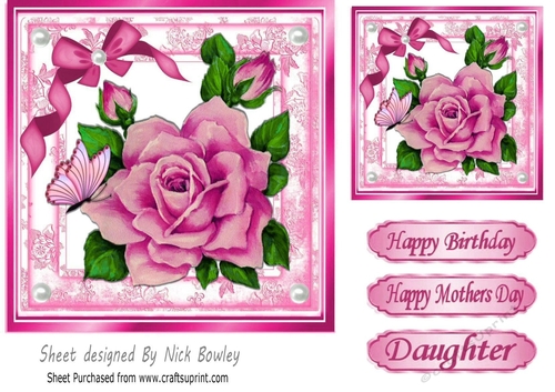 Large pink rose with pearls, bow and butterflies 7x7