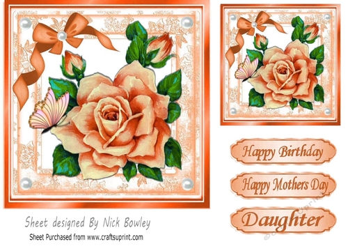 Large peach rose with pearls, bow and butterflies 7x7