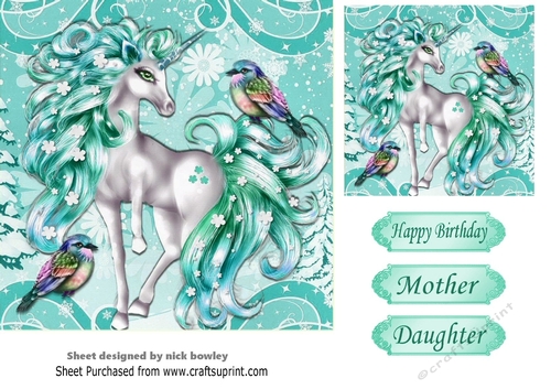 Pretty fantasy turq unicorn with little birds 7x7