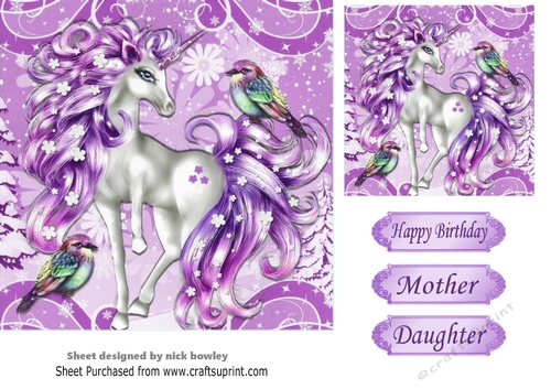 Pretty fantasy purple unicorn with little birds 7x7