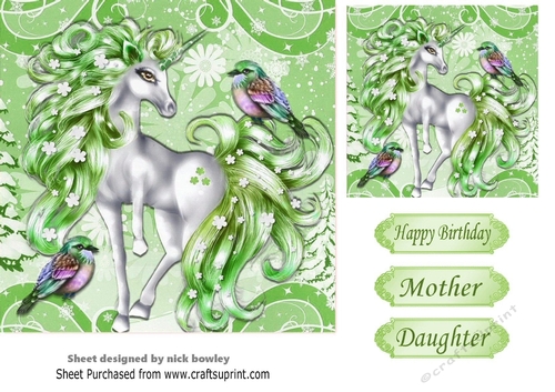 Pretty fantasy green unicorn with little birds 7x7