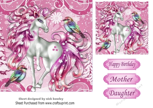 Pretty fantasy pink unicorn with little birds 7x7