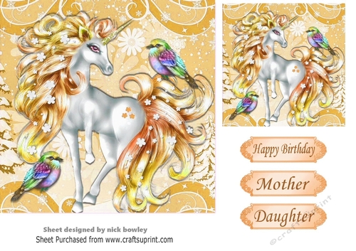 Pretty fantasy gold unicorn with little birds 7x7