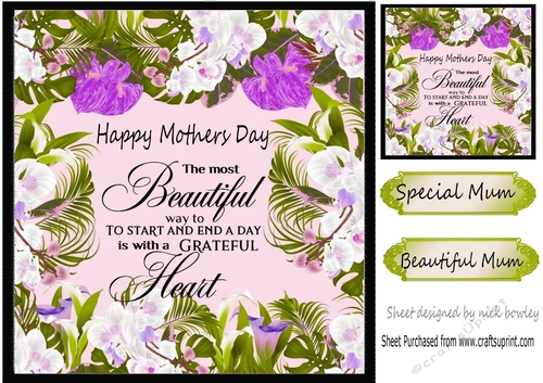 Pretty hand painted purple floral Mothers day card front 8x8