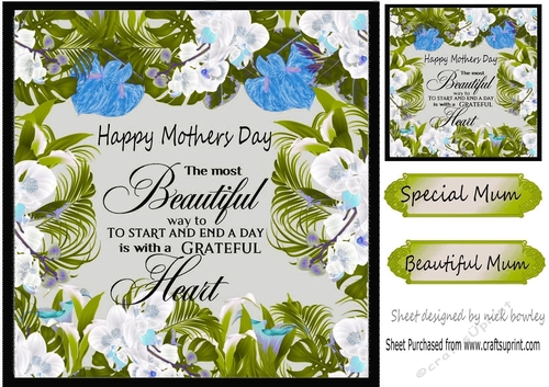 Pretty hand painted blue floral Mothers day card front 8x8
