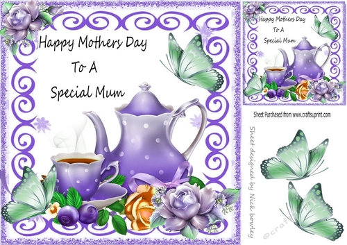 teapot and purple roses with butterflies mothers day card fronts 8x8