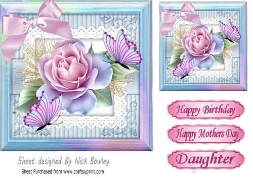 pretty pink rose in rainbow frame with butterflies card front 7x7