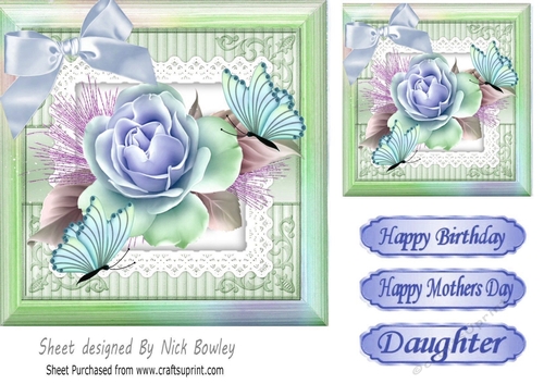 pretty rose in rainbow frame with butterflies card front 7x7