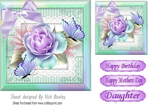 pretty lilac rose in rainbow frame with butterflies card front 7x7