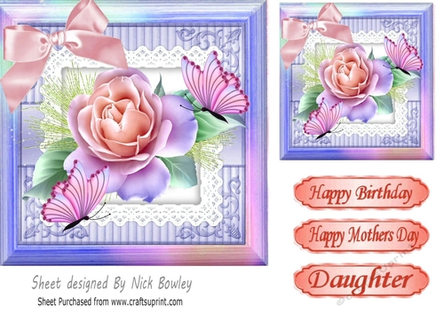 pretty peach rose in rainbow frame with butterflies card front 7x7