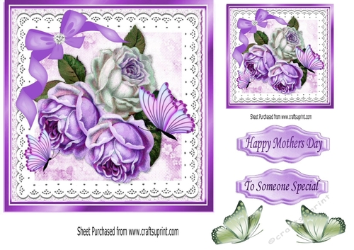 Pretty purple roses on lace with butterflies card fronts 7x7