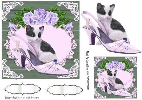Pretty vintage shoe with kitten purple roses and lace card front 7x7