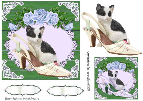 Pretty vintage shoe with kitten blue roses and lace card front 7x7