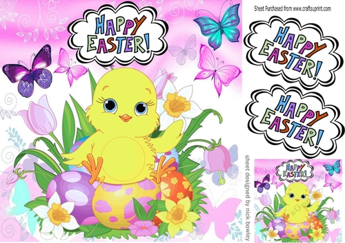 cute little easter chick with butterflies pink/purple 8x8
