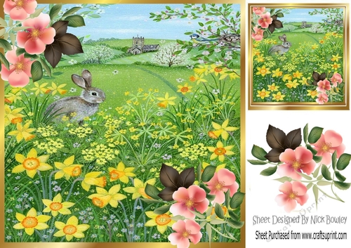 pretty countryside with rabbit and flowers 8x8