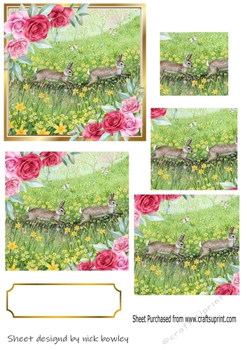 pretty countryside with rabbits playing and daffodils pyramids