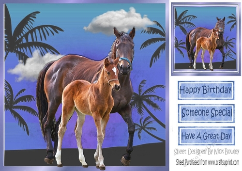Horse and foal with blue sky and palm trees 8x8