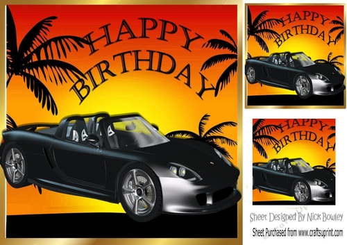 black sports car with sunset and palm trees 8x8 (MOTHERS DAY)