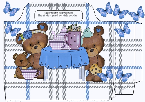 Teddy bear party with blue butterflies check tote gift bag