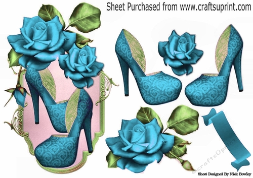 pretty turq shoes with purple roses topper