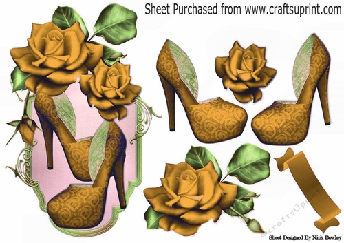 pretty gold shoes with purple roses topper