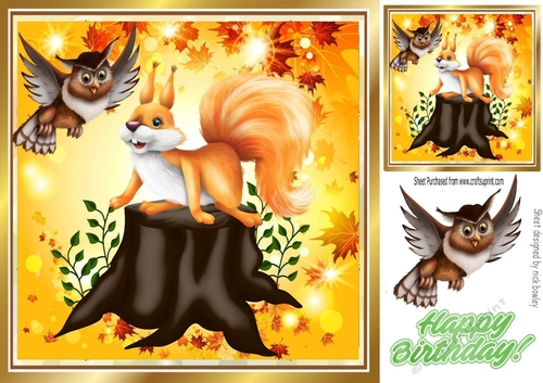 Lovely squirrel and owl with Autumn leaves 8x8