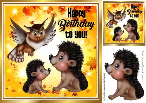 Lovely Hedgehogs with owl with Autumn leaves 8x8
