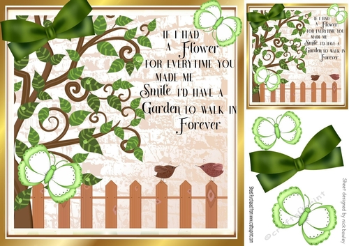 Pretty garden leaves with birds and butterflies card fronts 8x8