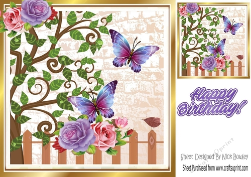  rose garden leaves with birds and butterflies card fronts 8x8