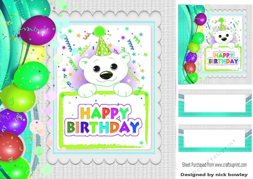 polar bear in party hat with balloons 8x8 (three)