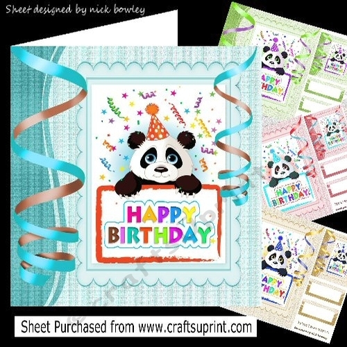  4 Cute pandas with birthday streamers card fronts 8x8 mini kit
