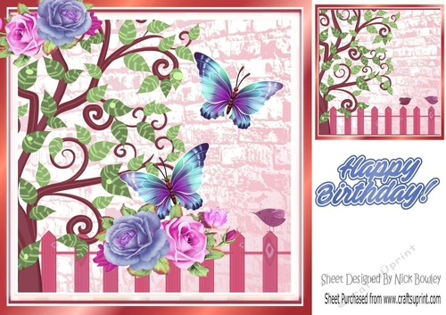 rose garden leaves with birds and butterflies card fronts 8x8 (pink)