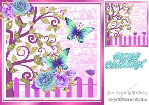 rose garden leaves with birds and butterflies card fronts 8x8 (lilac)