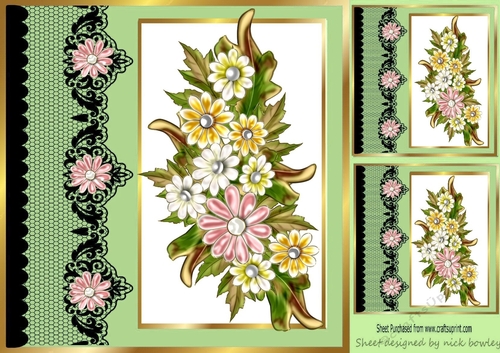 Pretty floral arrangement with black lace in green window 8x8