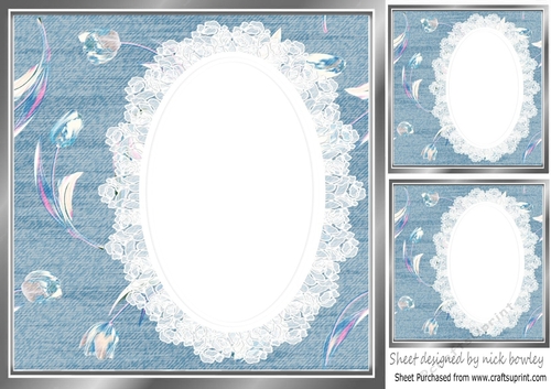 Blue Denim with lace and flowers 8x8 card front