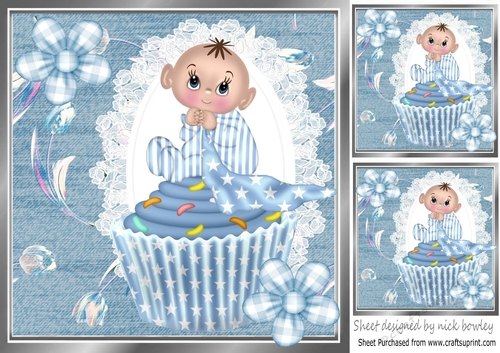 sweet baby boy sitting on a cupcake denim and flowers 8x8